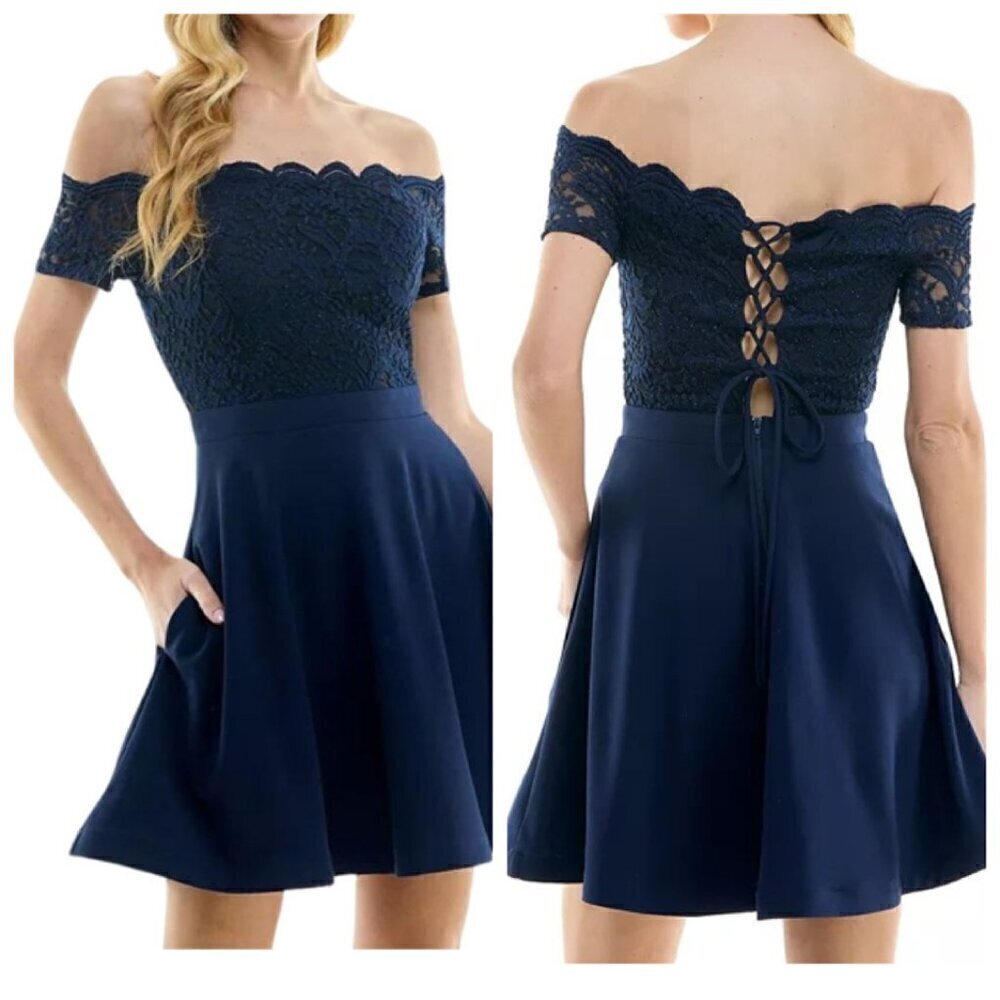 City Studio Juniors' 13/14 Off-The-Shoulder Lace Fit & Flare Dress Navy